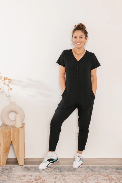 Smash + Tess Sunday Henley Romper in Midnight Black